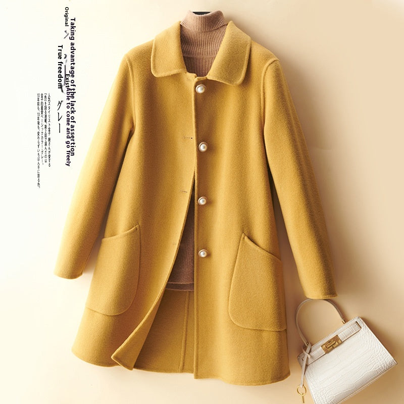 Color: Yellow, Size: M - Wool Pearl Buckle Double-faced Woolen Goods Women's Doll Collar Mid-length Coat
