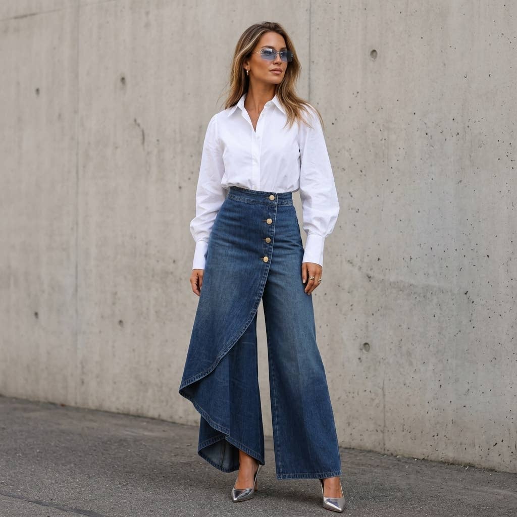 High Rise Denim Skirt - Asymmetrical Button Front