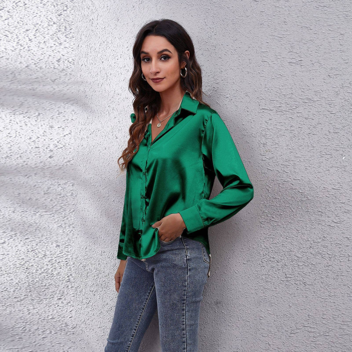 Satin silk long-sleeved shirt: DARKKHAKI / (XXL) 1