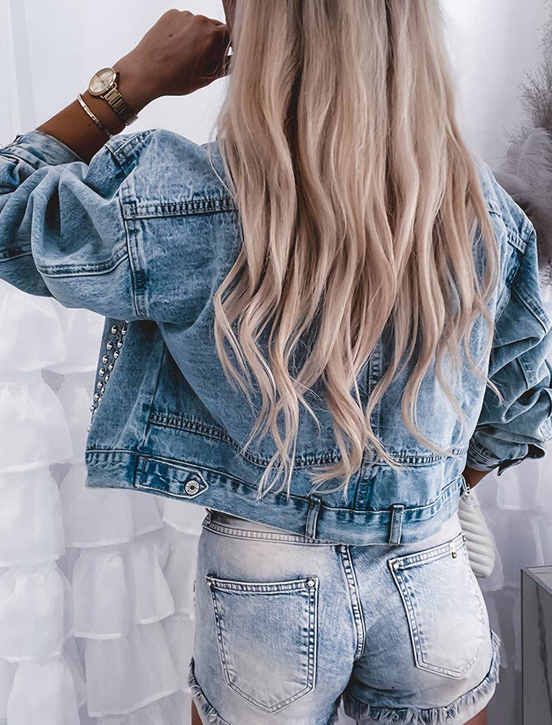 Studded Cropped Denim Jacket: BLUE / S