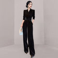 Color: black - Size: s - Women's Jumpsuits Rompers JSXDHK Runway Elegant Autumn Winter Velvet Jumpsuit For Women V Neck High Waist Long Sleeve Lace Up Belt Wide Leg Rompers Pants 230223