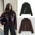 Color: Claret - Size: XS - Women's Jackets Woman Claret Lapel Leather Jacket Zipper Retro Loose Casual Long Sleeve Coat 2024 Motorcycle Tops