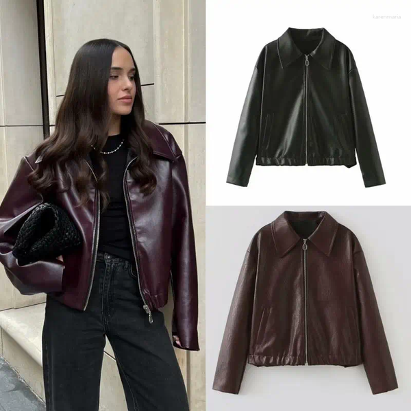 Color: Claret - Size: XS - Women's Jackets Woman Claret Lapel Leather Jacket Zipper Retro Loose Casual Long Sleeve Coat 2024 Motorcycle Tops