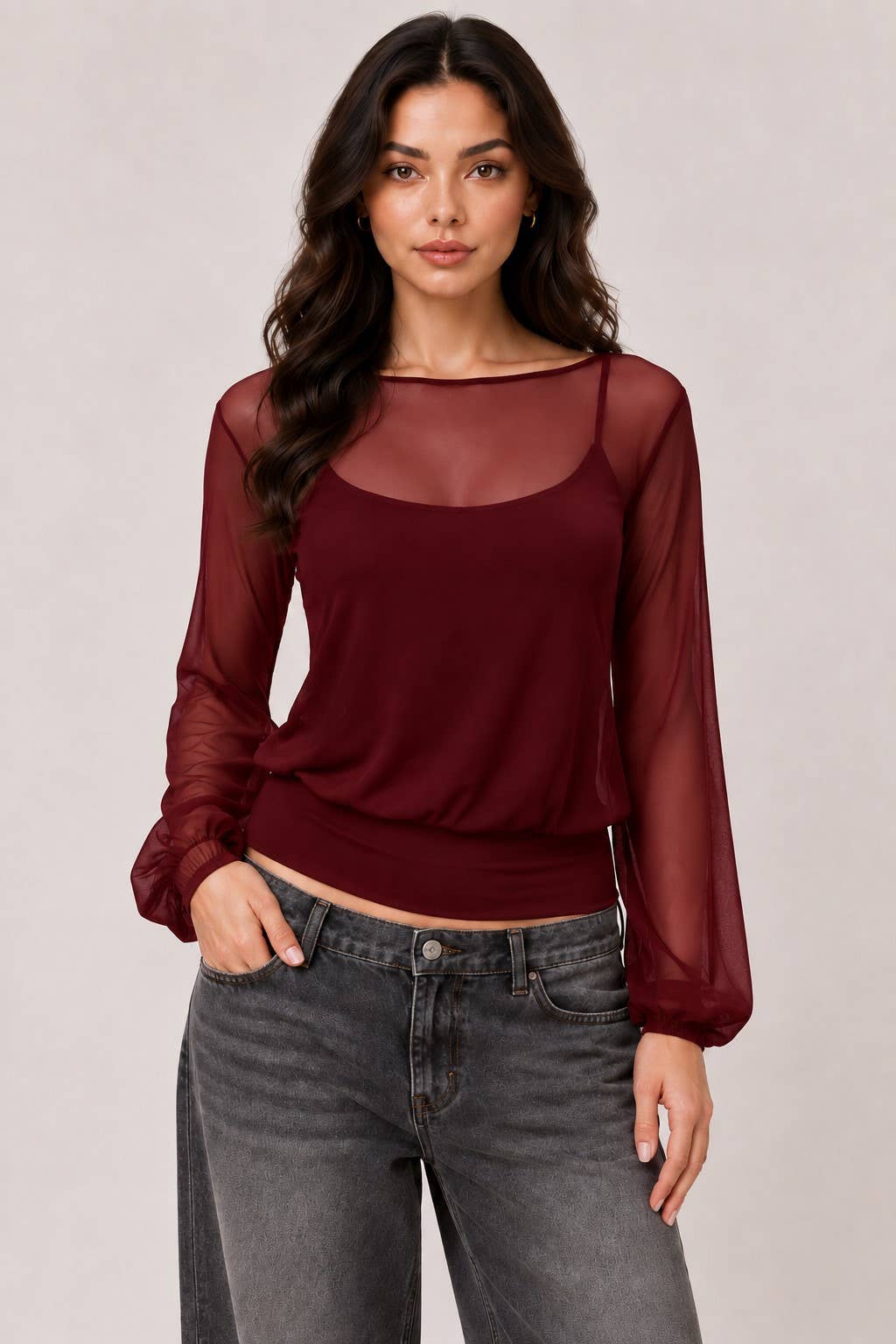 LT58070L - SHEERK Y2K BELL SLEEVE TOP WIITH CAMI TANK: DARK MERLOT / S-M-L/2-2-2