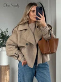 Color: Khaki - Size: S - Women Solid Lapel Double Breasted Short Jacket Chic Long Sleeves Loose Woolen Cropped Coat 2024 Ladies Commute Street Outerwear 241116