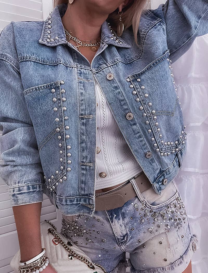 Studded Cropped Denim Jacket: BLUE / S