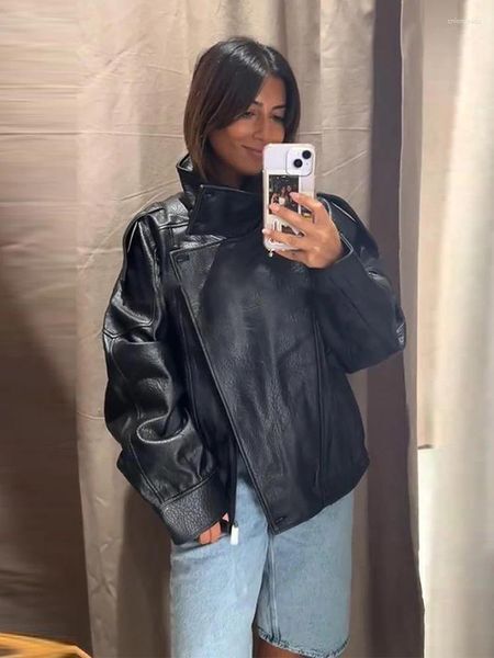 Color: Black - Size: L - Women's Jackets Street Stand Collar Leather Jacket Loose Long Sleeve Zipper Pockets Female Coats 2025 Autumn Lady Locomotive Outerwear