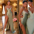 Sage Green Mermaid Bridesmaid Dresses Long Sexy Side Slit Sparkly Diamonds
