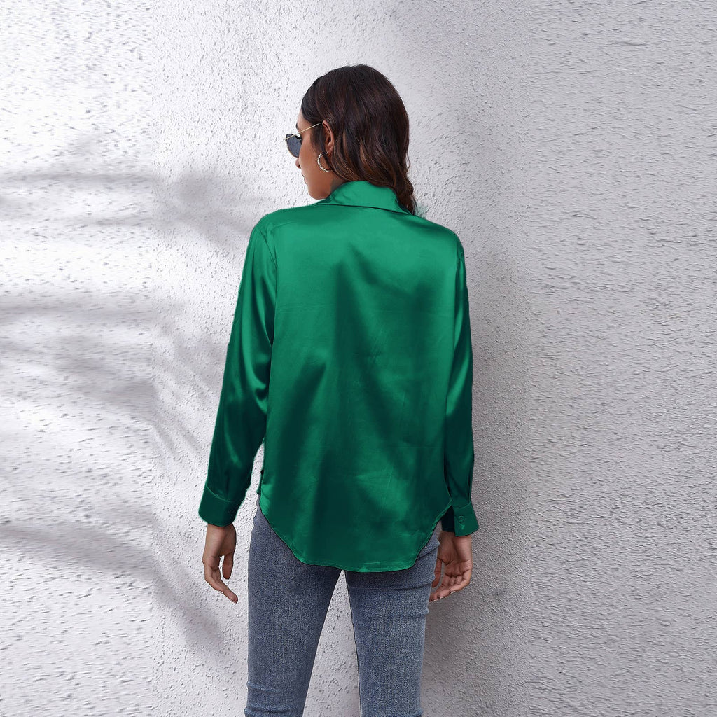 Satin silk long-sleeved shirt: DARKKHAKI / (L) 1