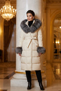 Color: Beige Silver Fox, Size: XXL - Thickened Long Section White Goose Down Slim Fit Women's Coat