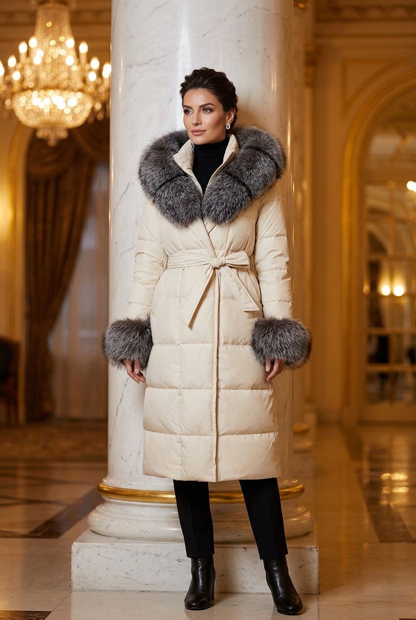 Color: Beige Silver Fox, Size: XXL - Thickened Long Section White Goose Down Slim Fit Women's Coat