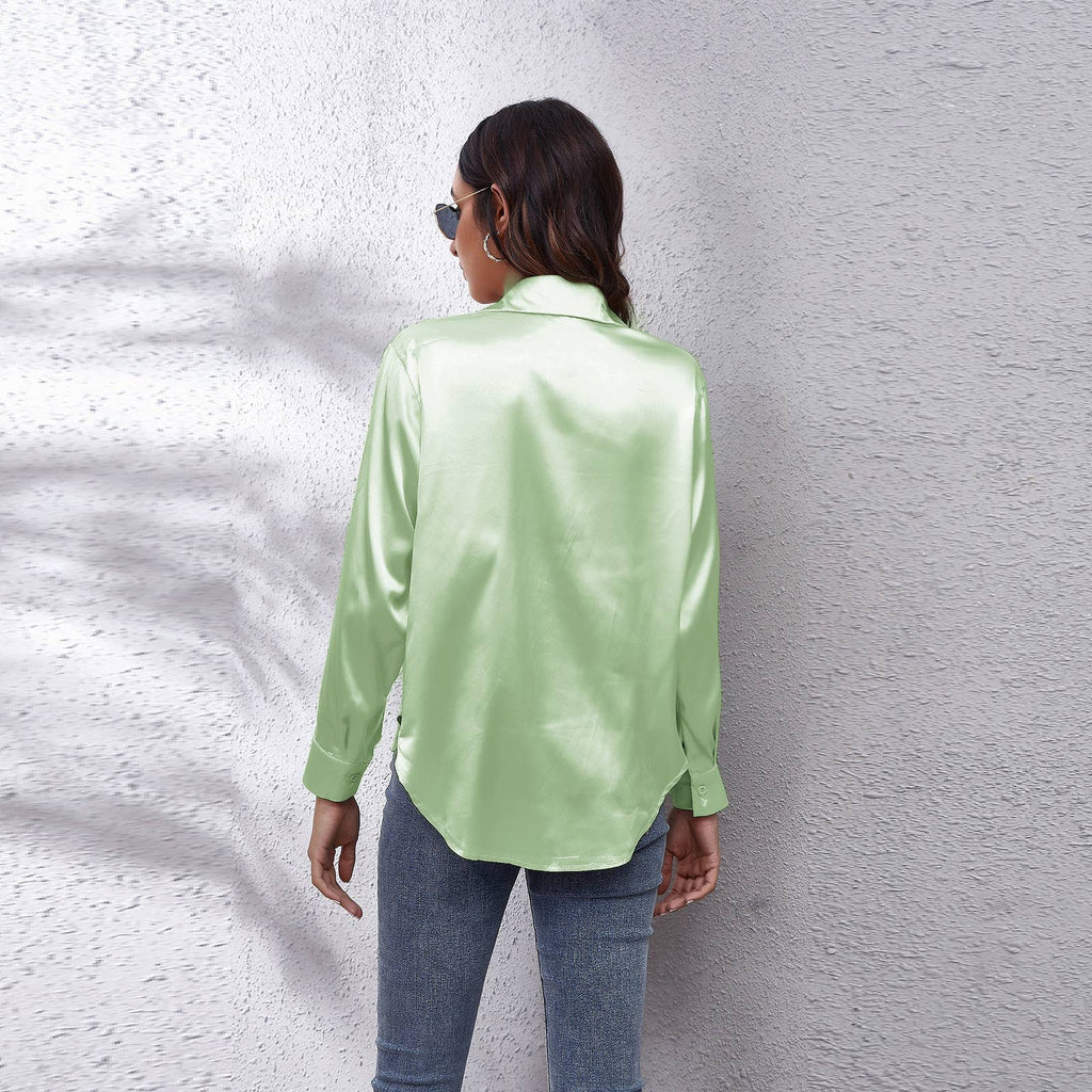 Satin silk long-sleeved shirt: DARKKHAKI / (L) 1