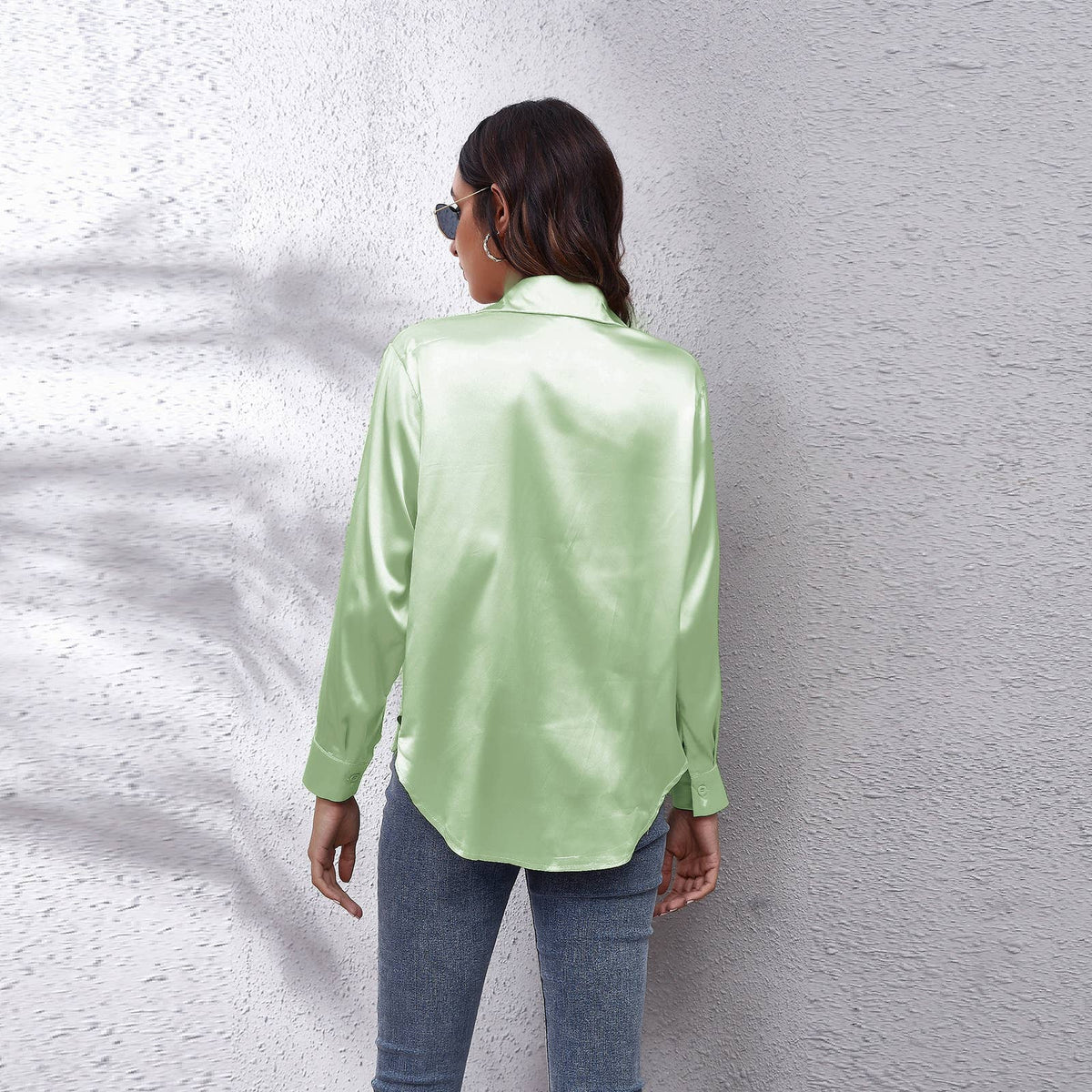 Satin silk long-sleeved shirt: DARKKHAKI / (XXL) 1
