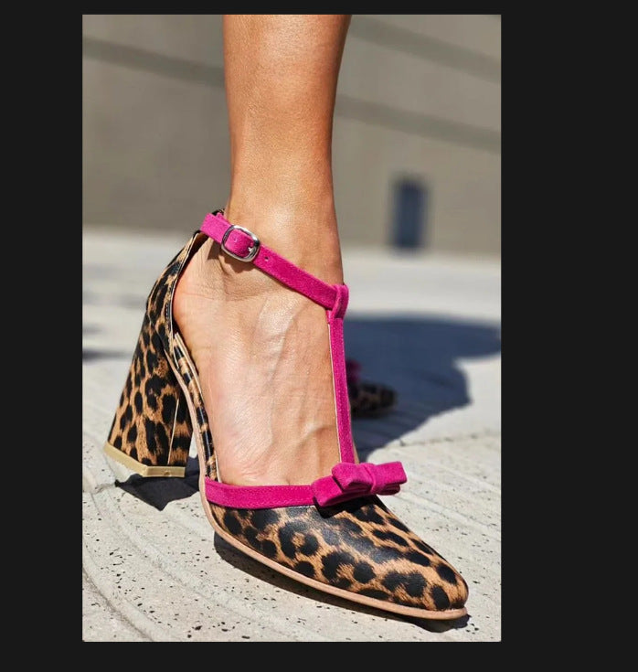 Color: Leopard Print, Size: 43 - Fashion Colorblock Bow Buckle High Heel