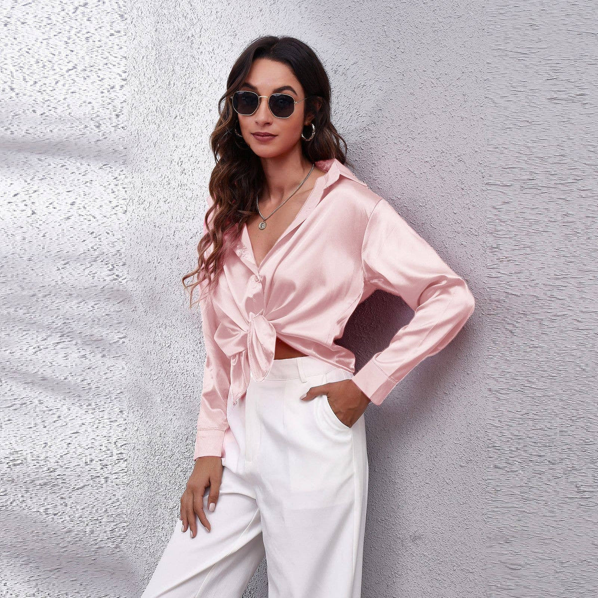 Satin silk long-sleeved shirt: DARKKHAKI / (XXL) 1