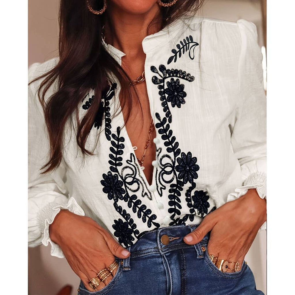 Elegant Embroidered Long-Sleeve V-Neck Floral Shirt ZK3387