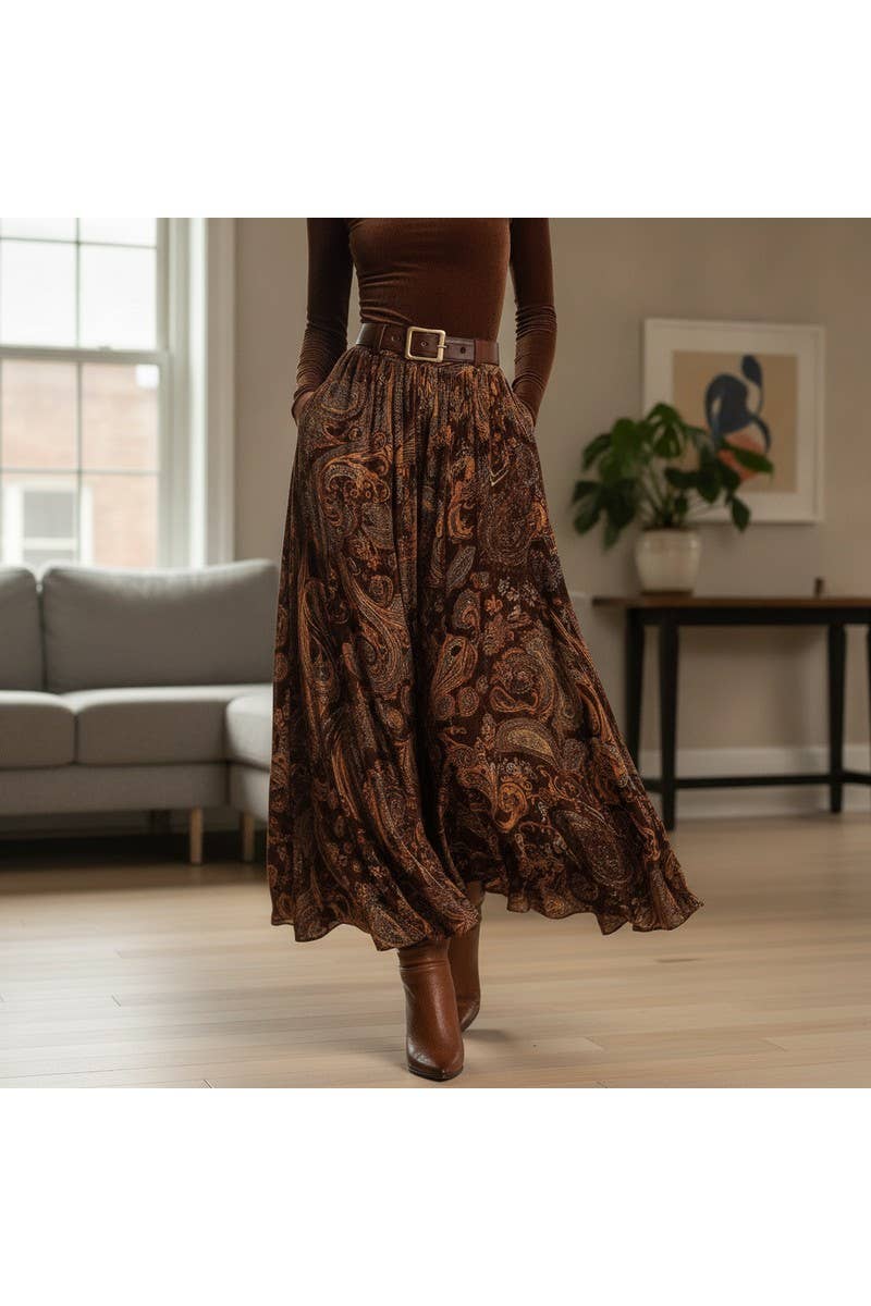Vintage Print Long Skirt Set With Belt_LC26080145: Caramel / (S) 1