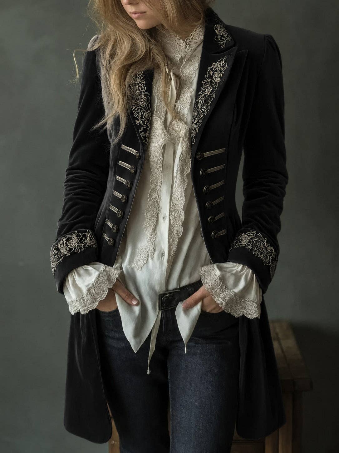 Women's Embroidered Velvet Blazer Vintage Jacket: Blue / XL