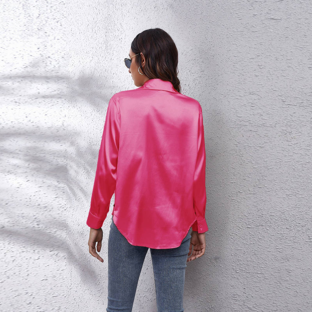 Satin silk long-sleeved shirt: DARKKHAKI / (L) 1
