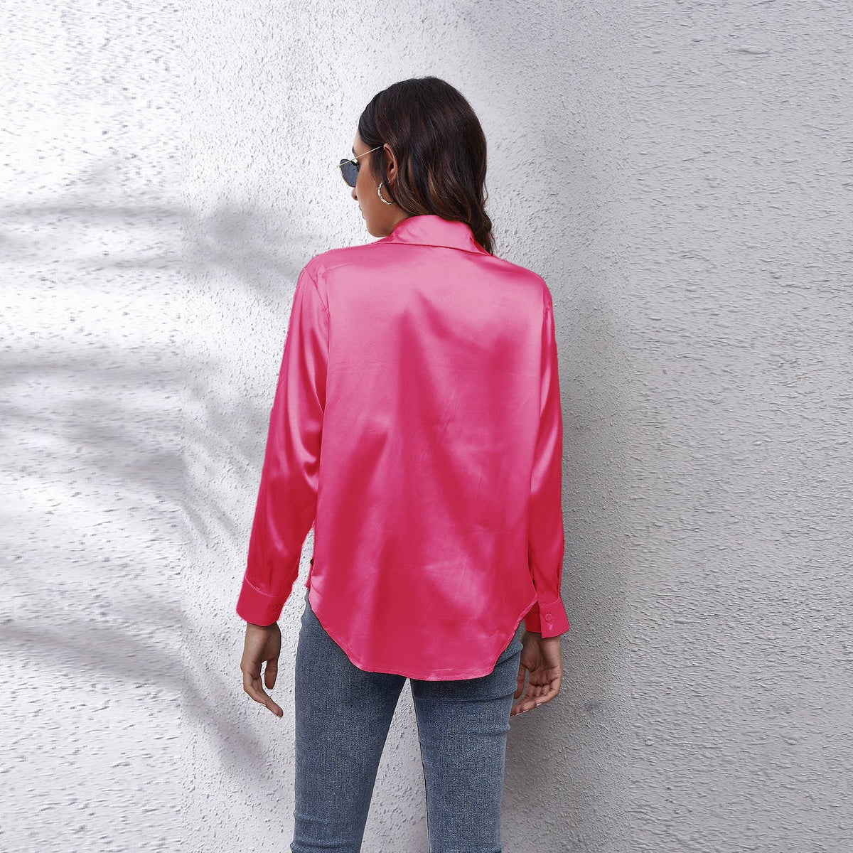 Satin silk long-sleeved shirt: DARKKHAKI / (L) 1