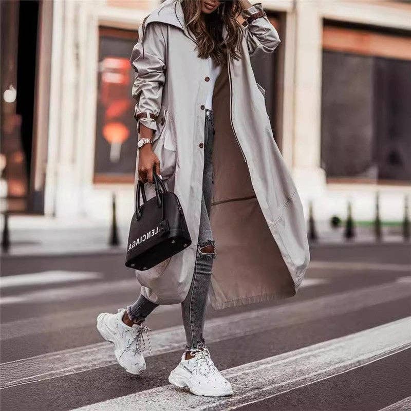 Solid Color Casual Large Lapel Mid-Length Trench Coat: LIGHT GRAY / XL