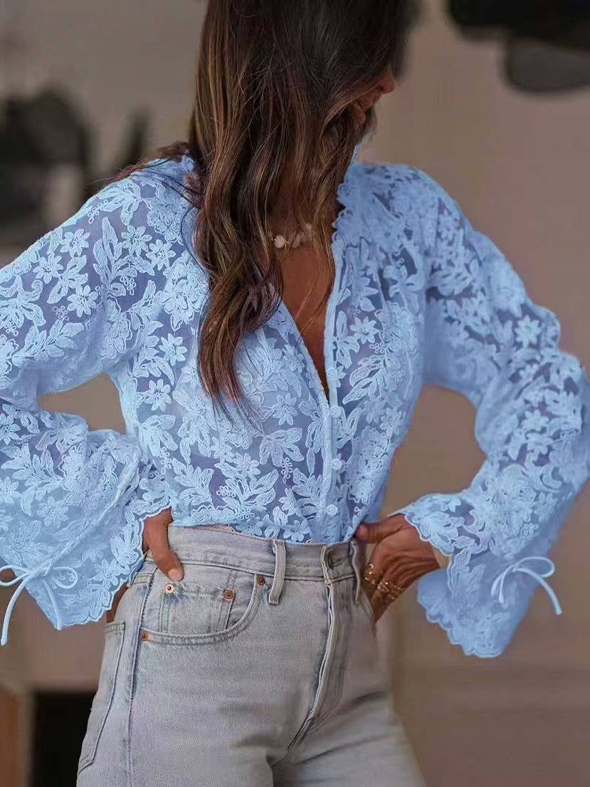 Women's Off White Round Neck Sheer Lace Blouse