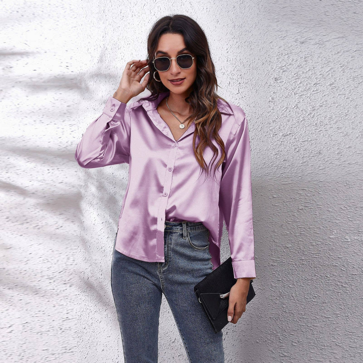 Satin silk long-sleeved shirt: DARKKHAKI / (XXL) 1