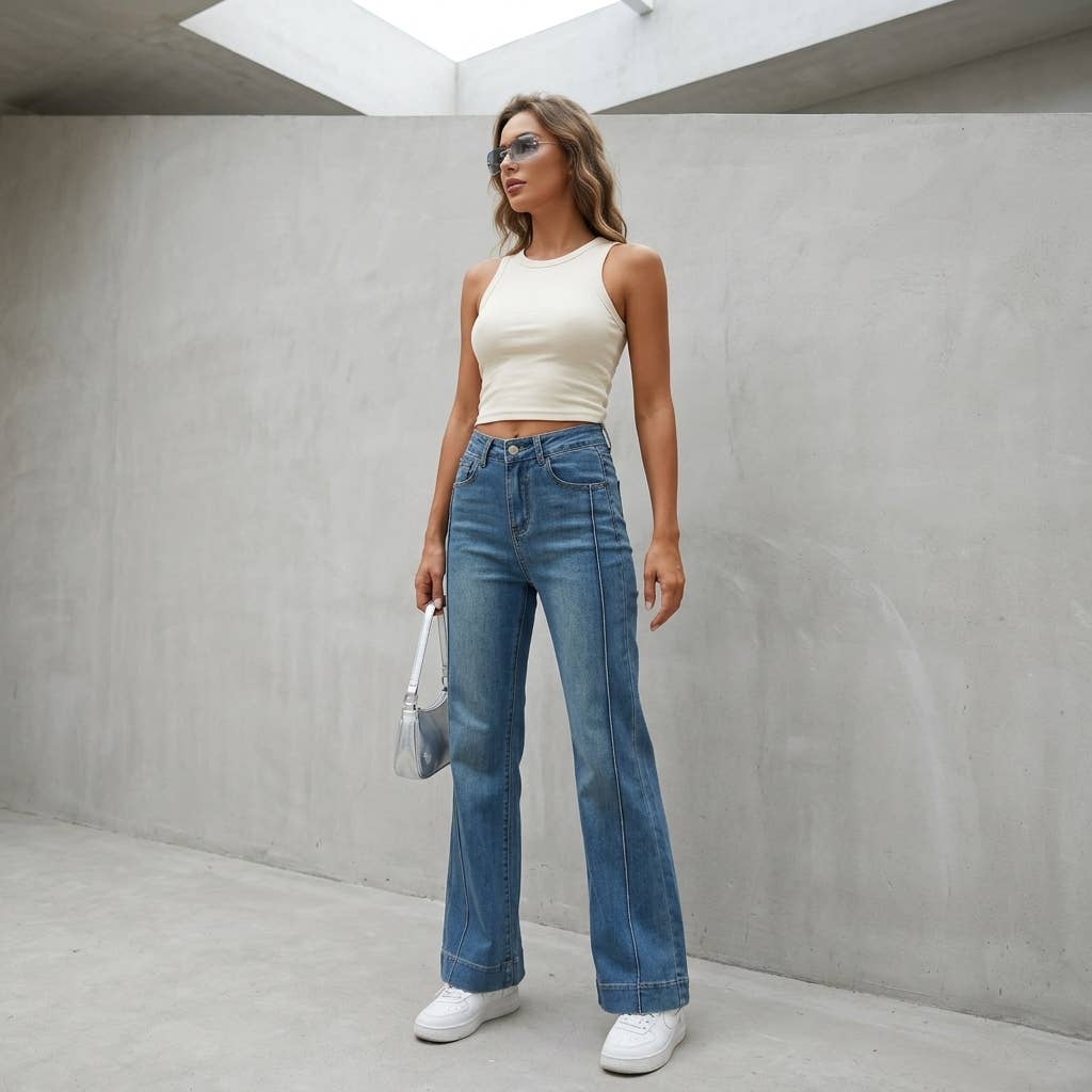 High Rise Bootcut Jeans - Retro Flare Denim Pants