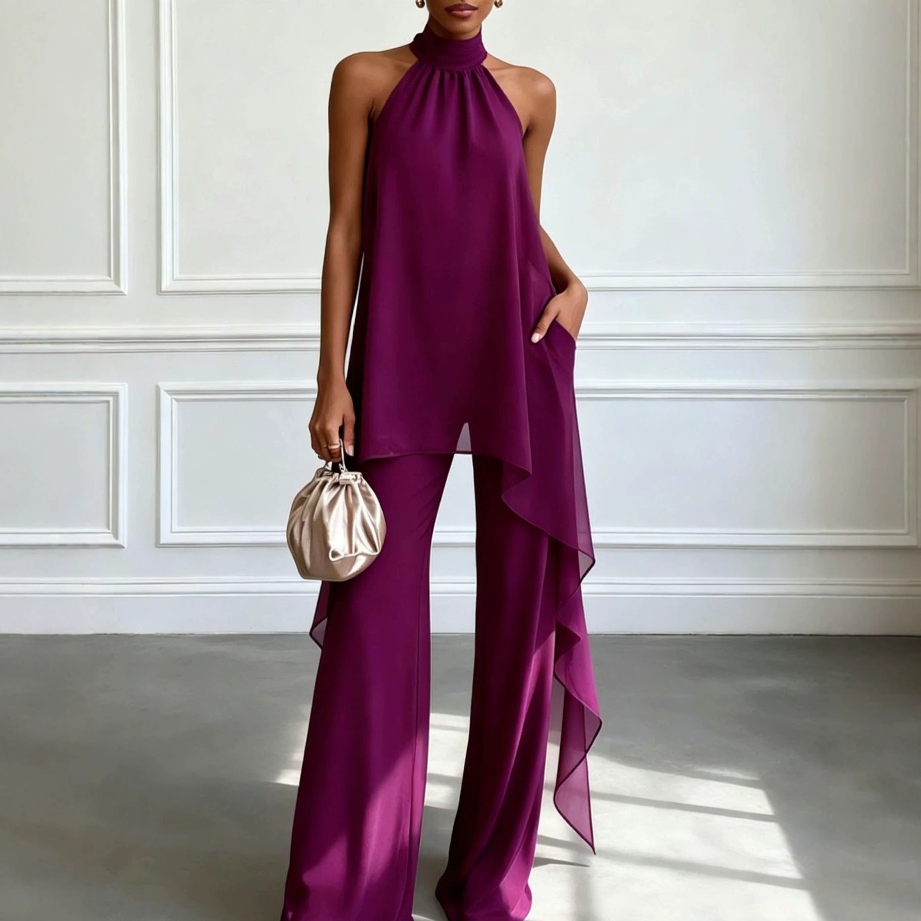 Irregular Ribbon Top And Casual Wide-leg Pants Set