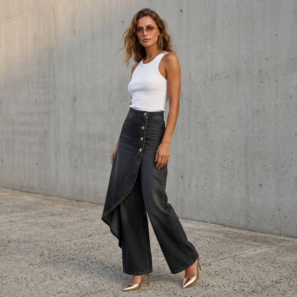 High Rise Denim Skirt - Asymmetrical Button Front