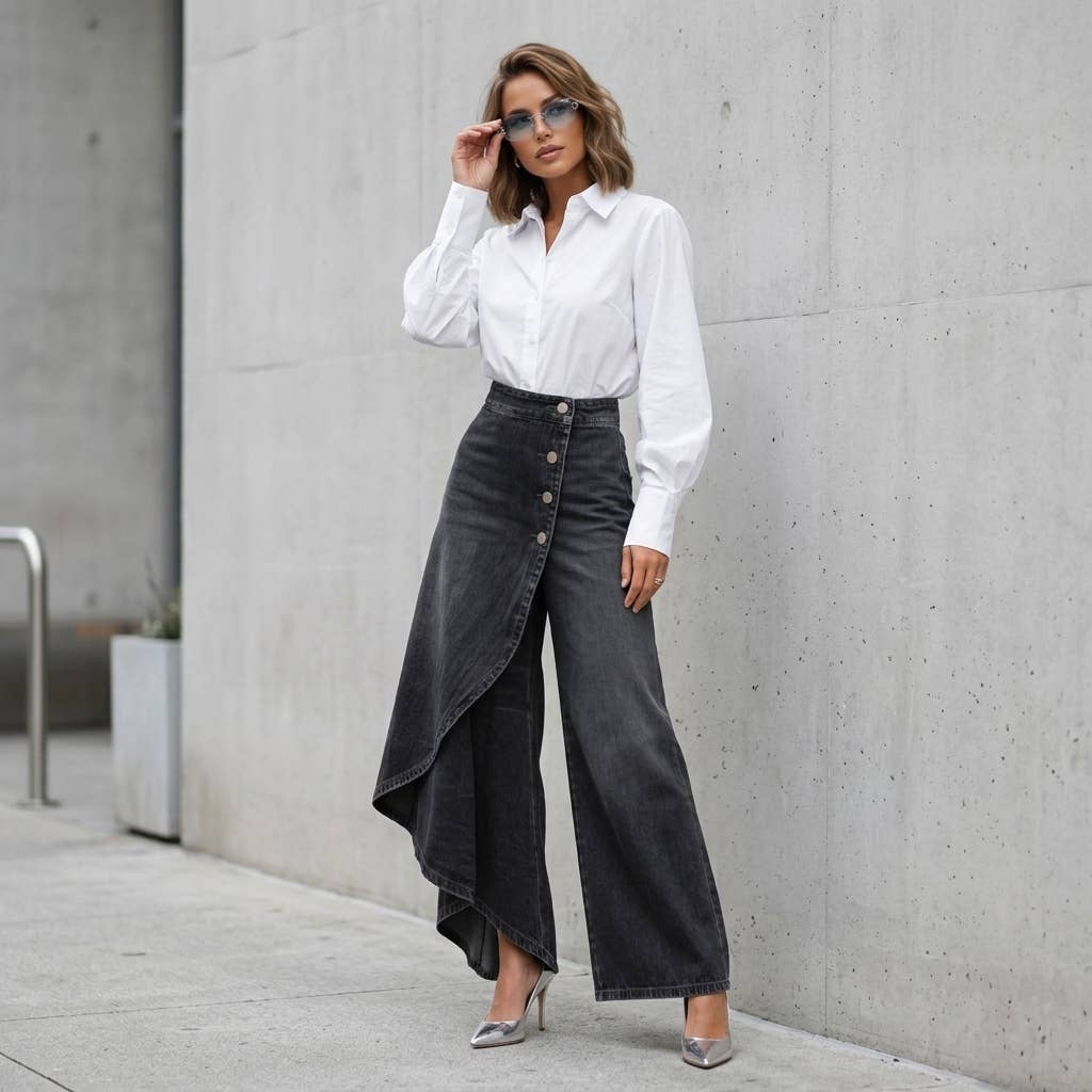 High Rise Denim Skirt - Asymmetrical Button Front