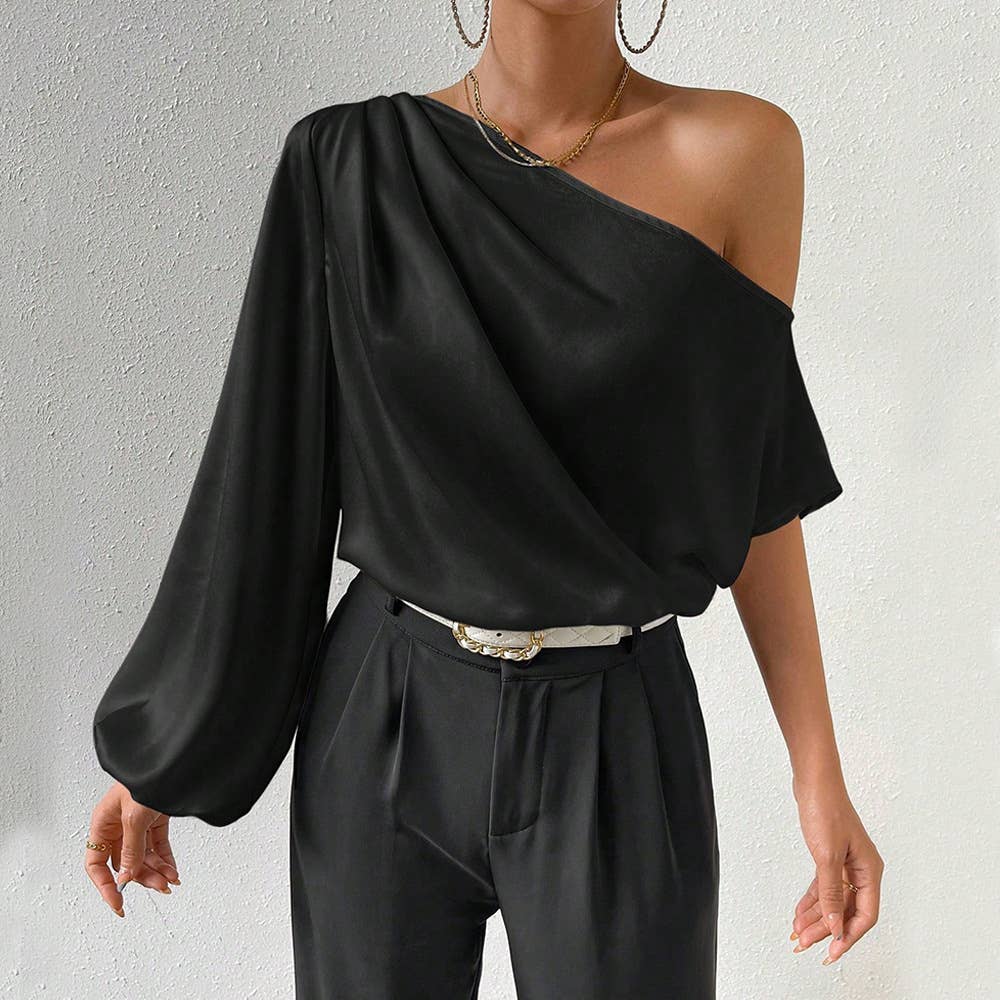 Slanted neck loose-fitting off-the-shoulder top: BLACK / (S) 1