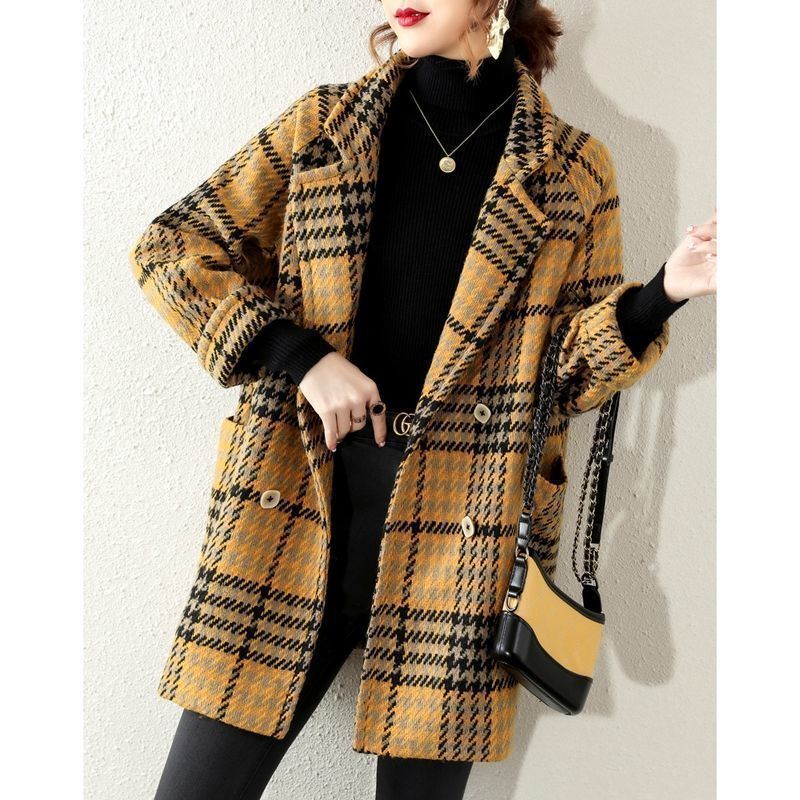 Color: Yellow, Size: XL - Buckle Lapel Long Sleeve Fashion Hepburn Style Woolen Coat