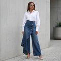 High Rise Denim Skirt - Asymmetrical Button Front