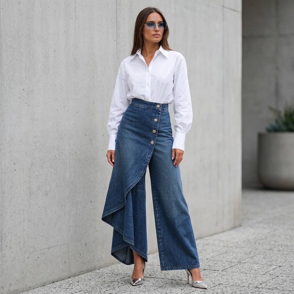 High Rise Denim Skirt - Asymmetrical Button Front
