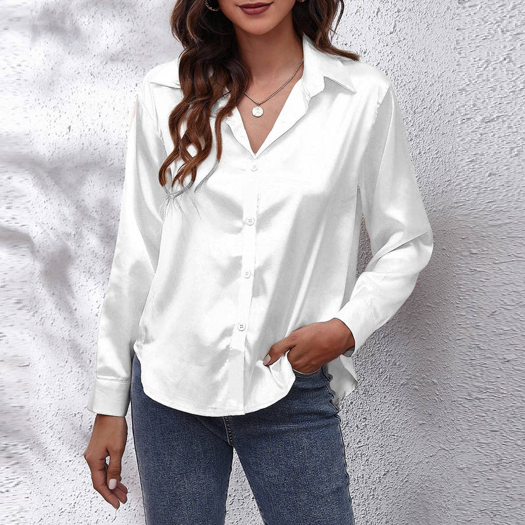 Satin silk long-sleeved shirt: DARKKHAKI / (XXL) 1