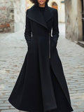 A-Line Long Sleeves Buttoned Pockets Solid Color Zipper Lapel Woolen Coat: BLACK / XL