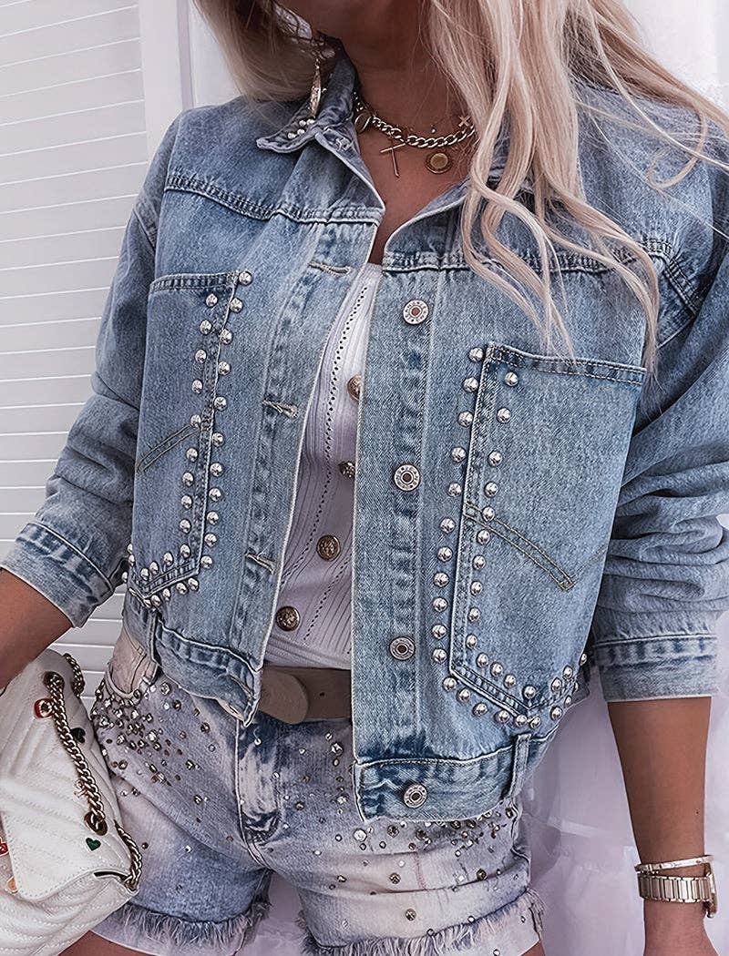 Studded Cropped Denim Jacket: BLUE / S