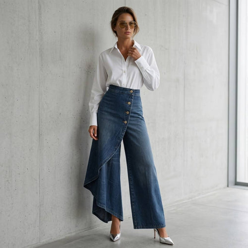 High Rise Denim Skirt - Asymmetrical Button Front