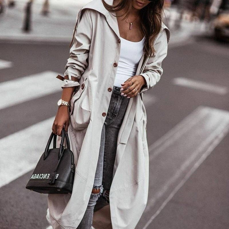 Solid Color Casual Large Lapel Mid-Length Trench Coat: LIGHT GRAY / XL