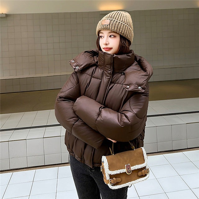 Color: Brown, Size: S - Elegant Fluffy Hooded Cotton Jacket Puffer Jacket Coat Warm Commute