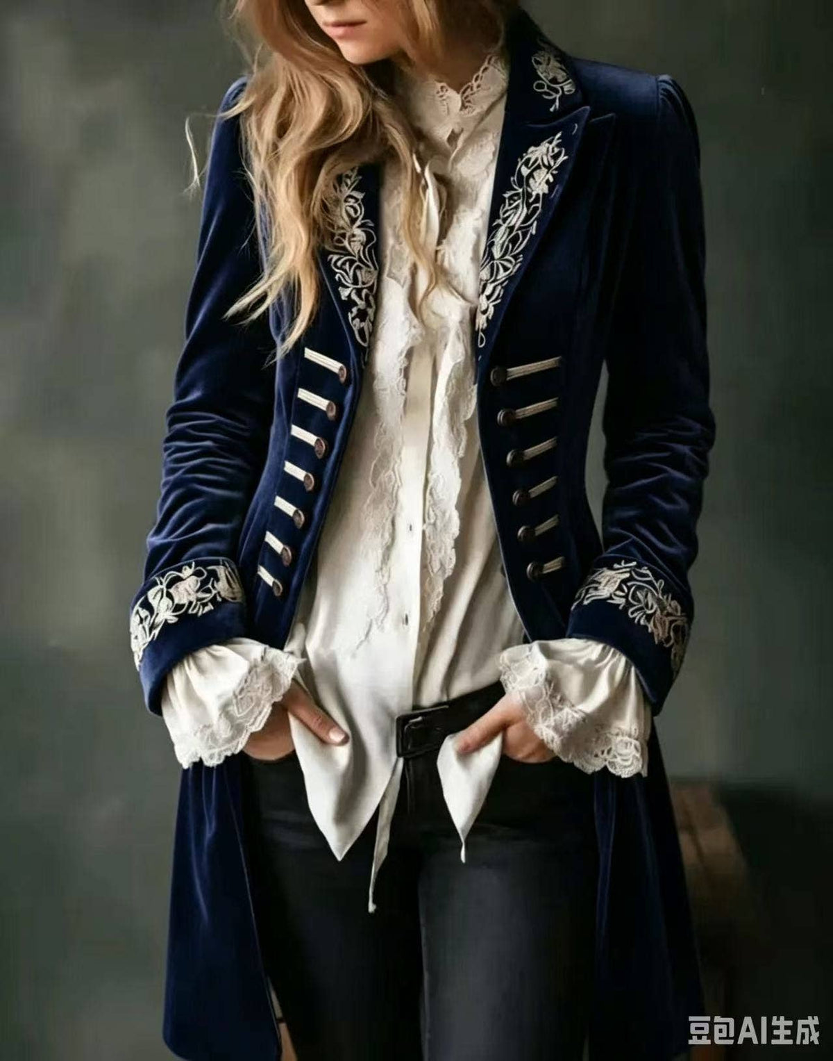 Women's Embroidered Velvet Blazer Vintage Jacket: Blue / XL
