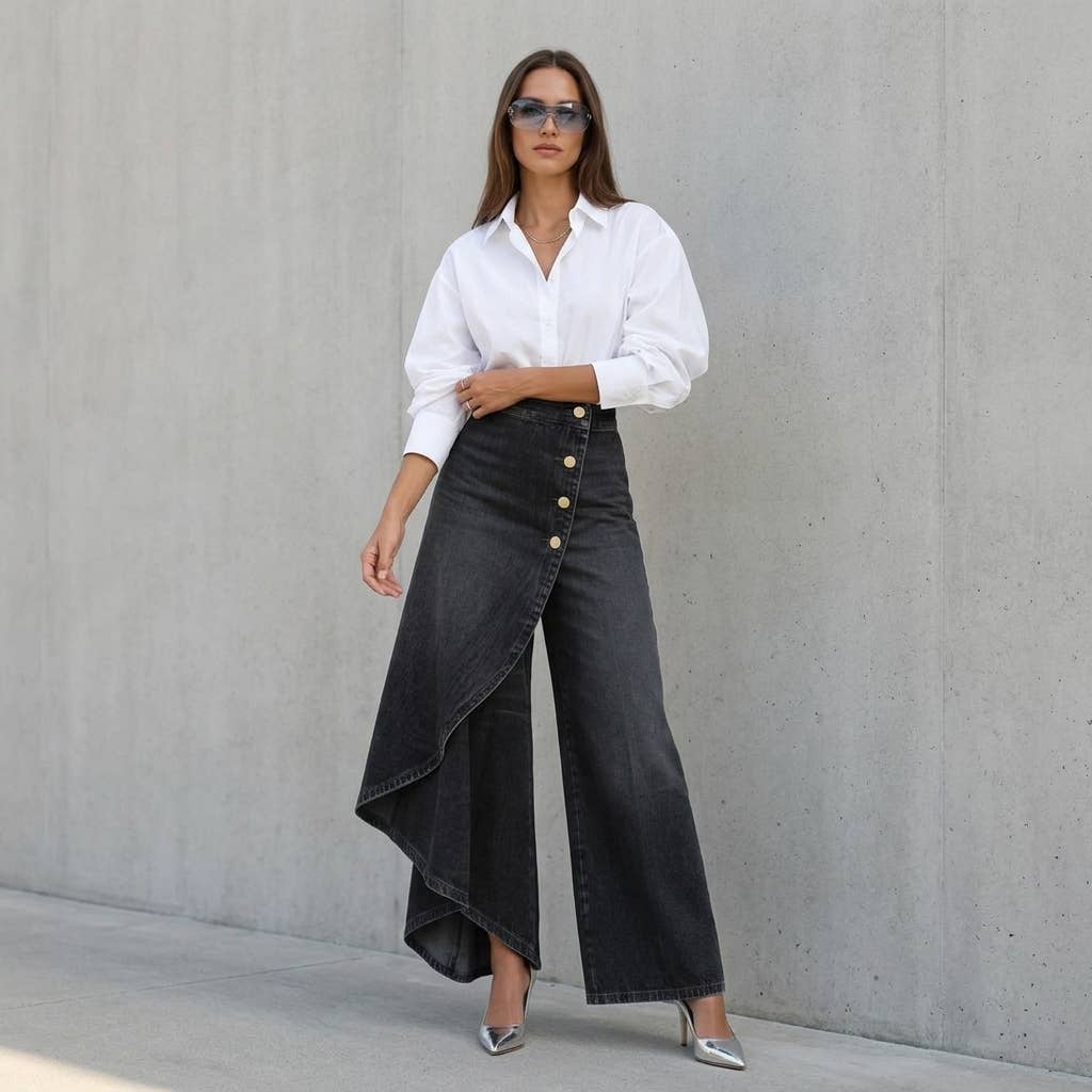 High Rise Denim Skirt - Asymmetrical Button Front