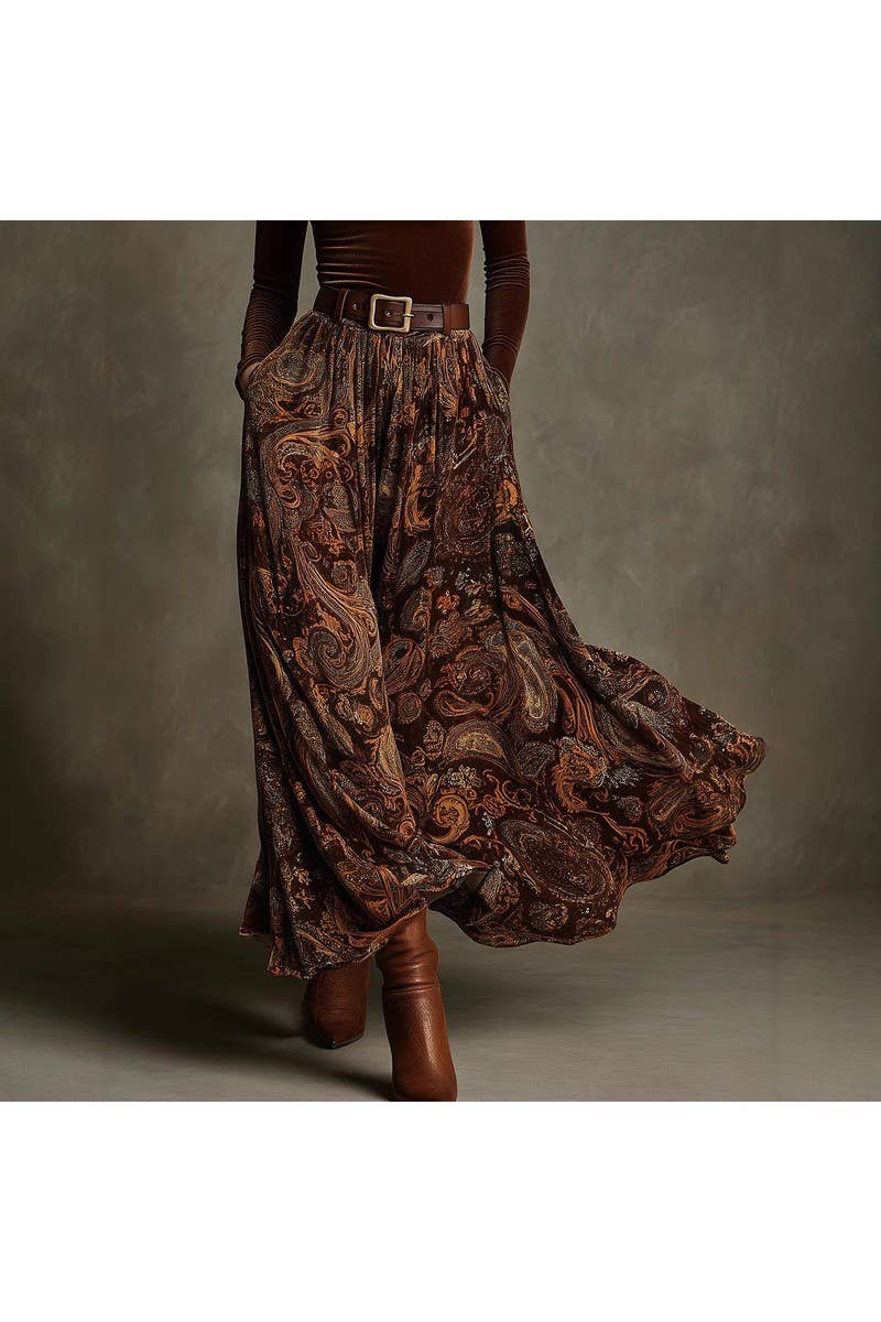 Vintage Print Long Skirt Set With Belt_LC26080145: Caramel / (S) 1