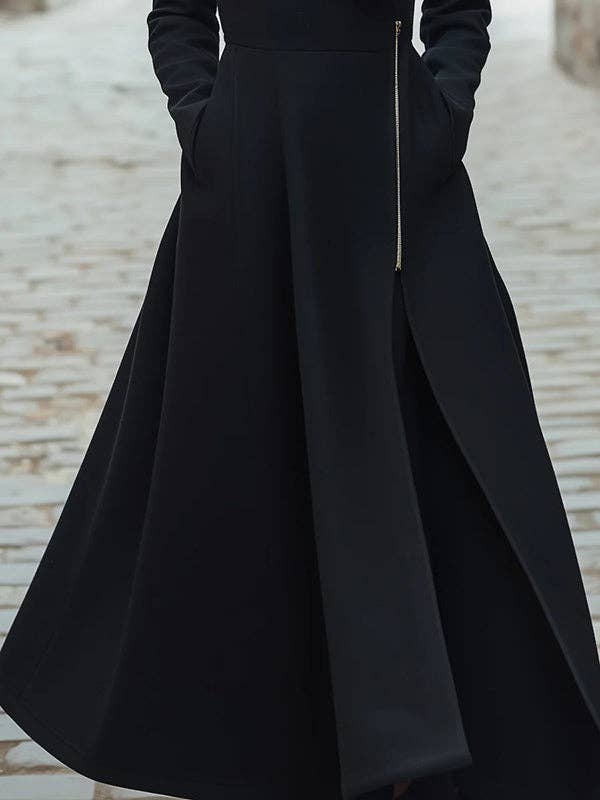 A-Line Long Sleeves Buttoned Pockets Solid Color Zipper Lapel Woolen Coat: BLACK / XL