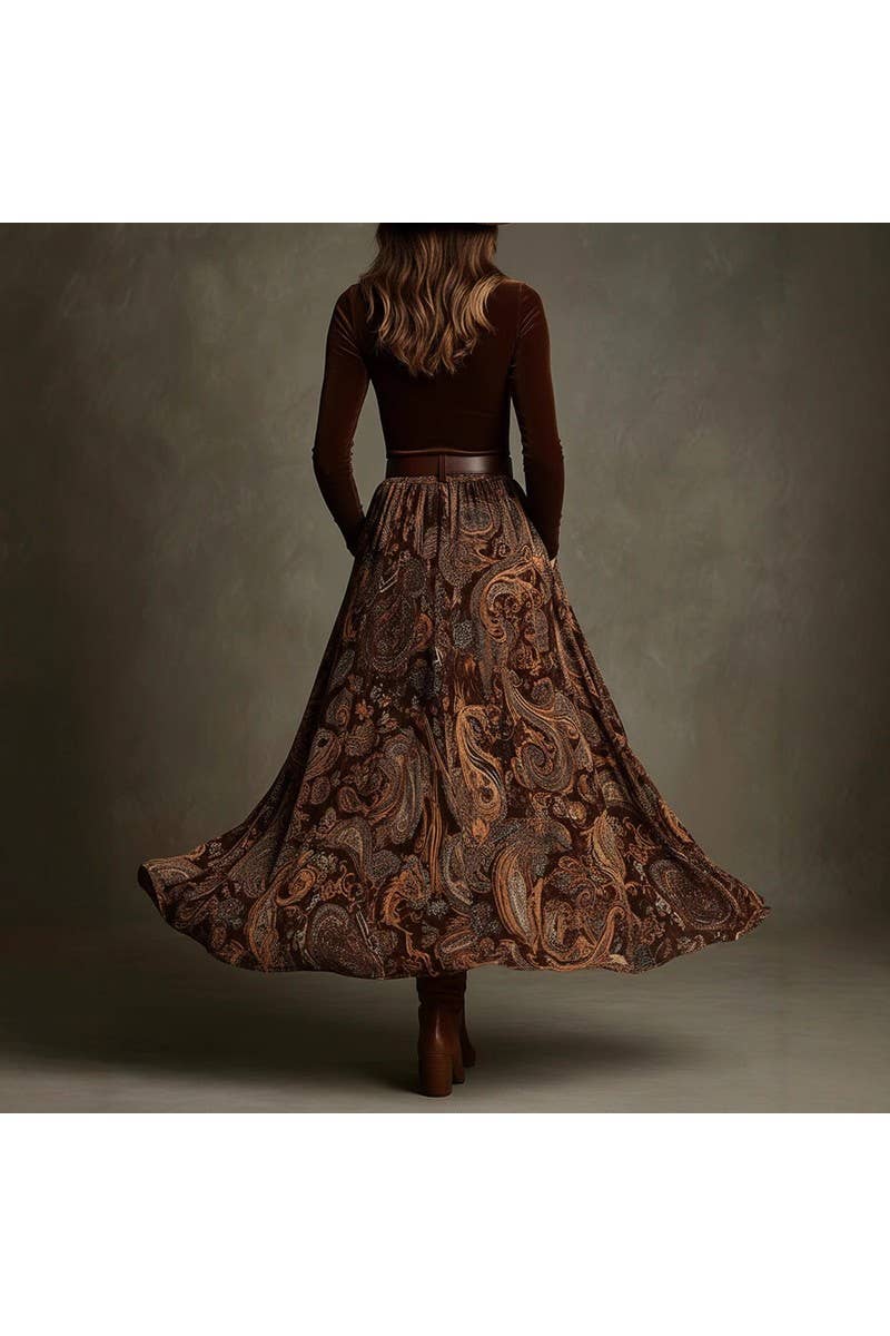 Vintage Print Long Skirt Set With Belt_LC26080145: Caramel / (S) 1