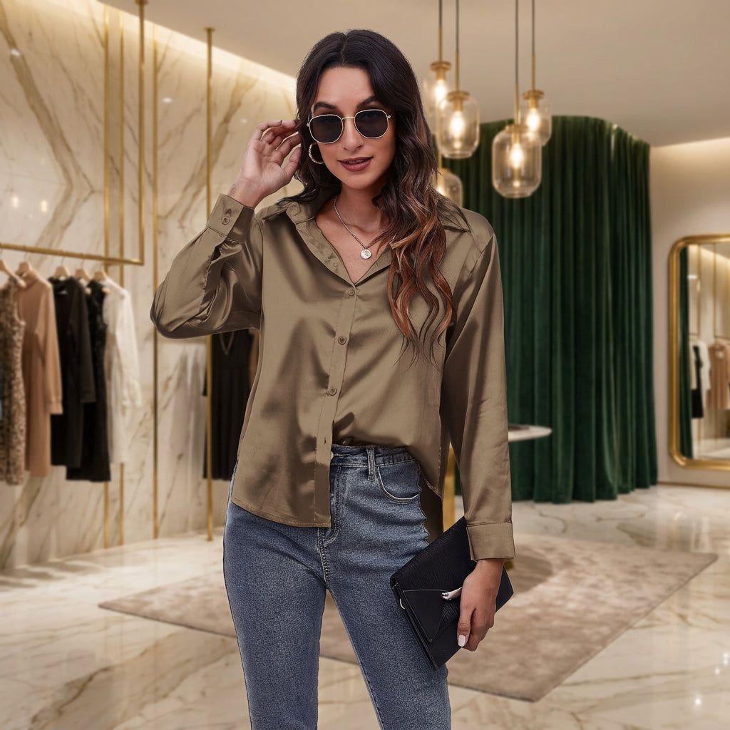 Satin silk long-sleeved shirt: DARKKHAKI / (L) 1