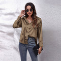 Satin silk long-sleeved shirt: DARKKHAKI / (XXL) 1