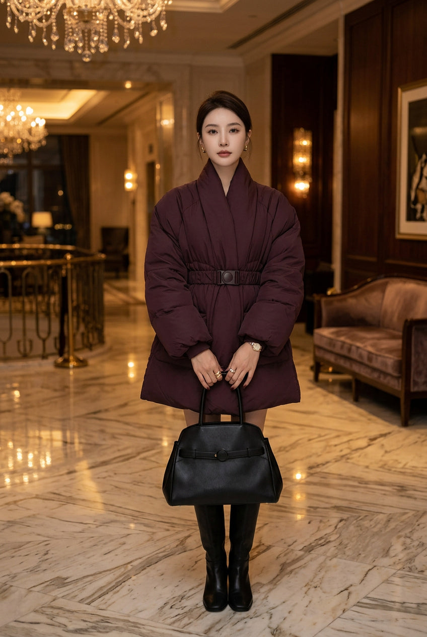 Retro Design Waist-tight Large Lapel Down Jacket Women