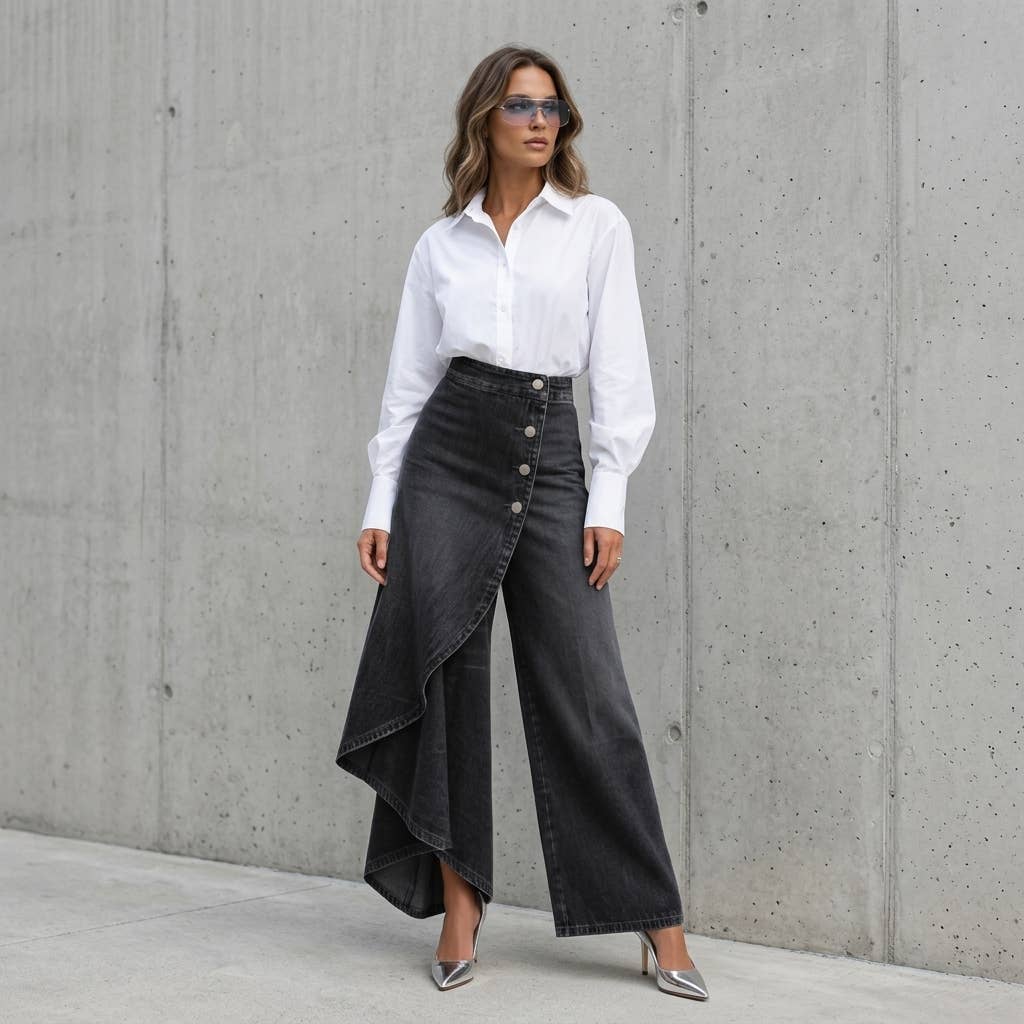 High Rise Denim Skirt - Asymmetrical Button Front